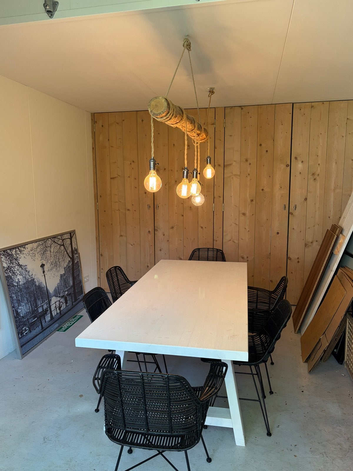 HK Living - Eettafel met 6 zwarte rotan stoelen, Huis en Inrichting, Gebruikt, Zwart, Ophalen of Verzenden, Vijf, Zes of meer stoelen