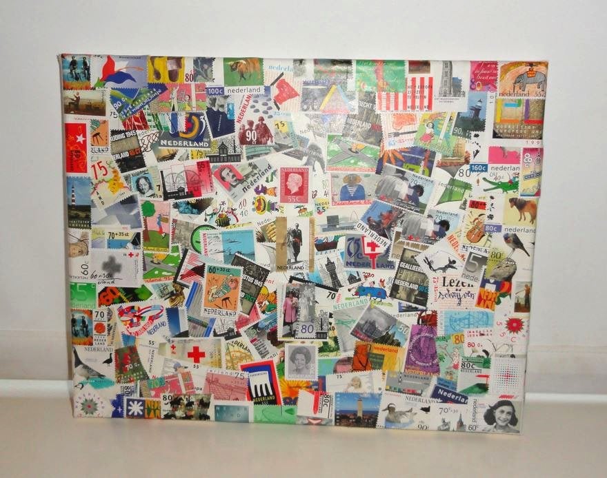 Schilderij Postzegels Collage, Ophalen of Verzenden