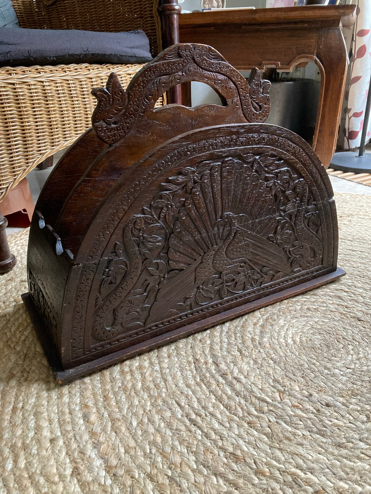 Schitterende antieke houten lectuurbak met pauw gravure, Ophalen of Verzenden