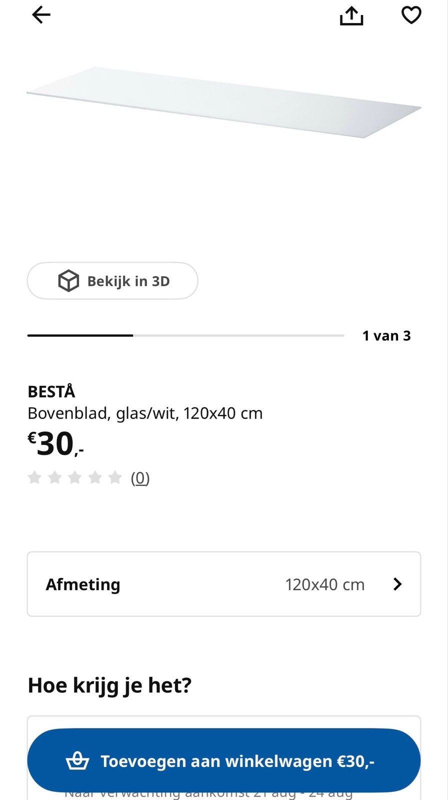 IKEA BESTÅ Bovenblad, glas/wit, 120x40 cm (Nieuw), Ophalen, Nieuw