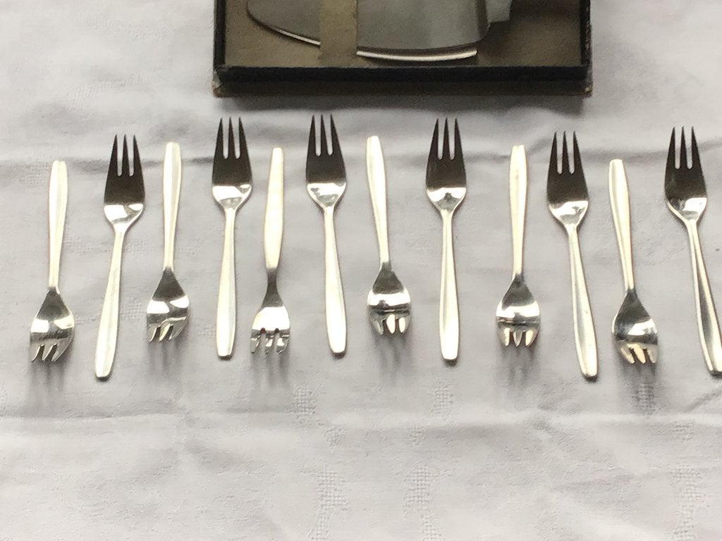 Zilmeta taartschep + 12 vorkjes. In originele doos, 1930's, Antiek en Kunst, Antiek | Bestek, Verzenden