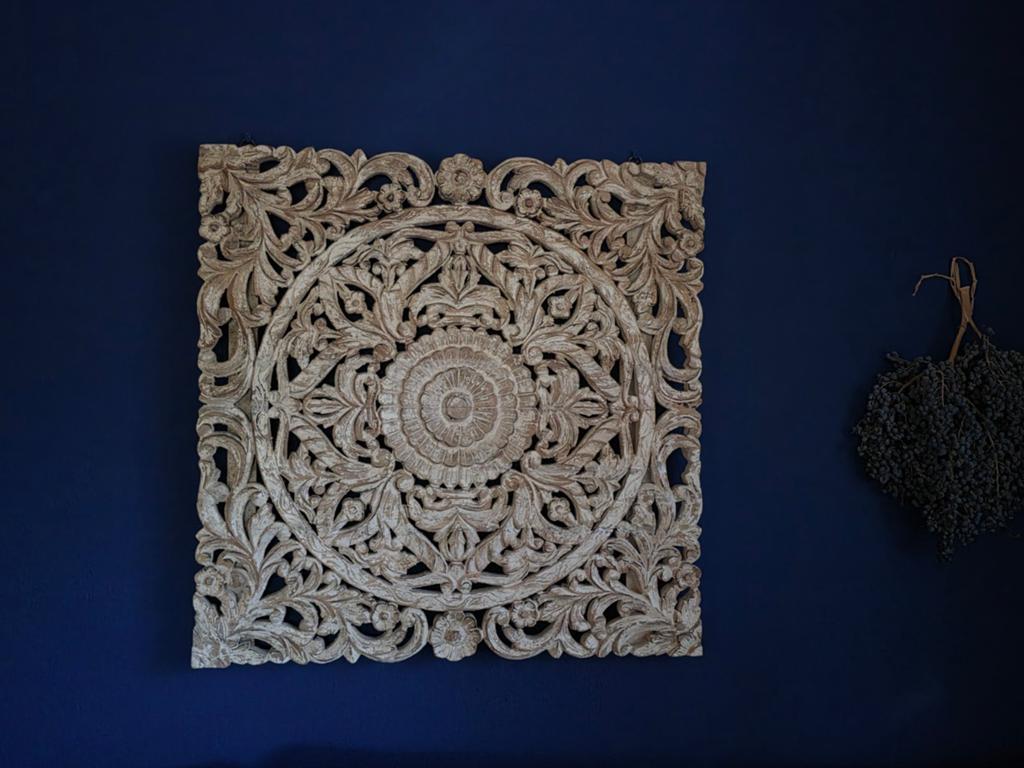 Houten wandpaneel 90x90 cm - Handgesneden decoratie, Huis en Inrichting, Beige, Oosters, 90 cm, Hout