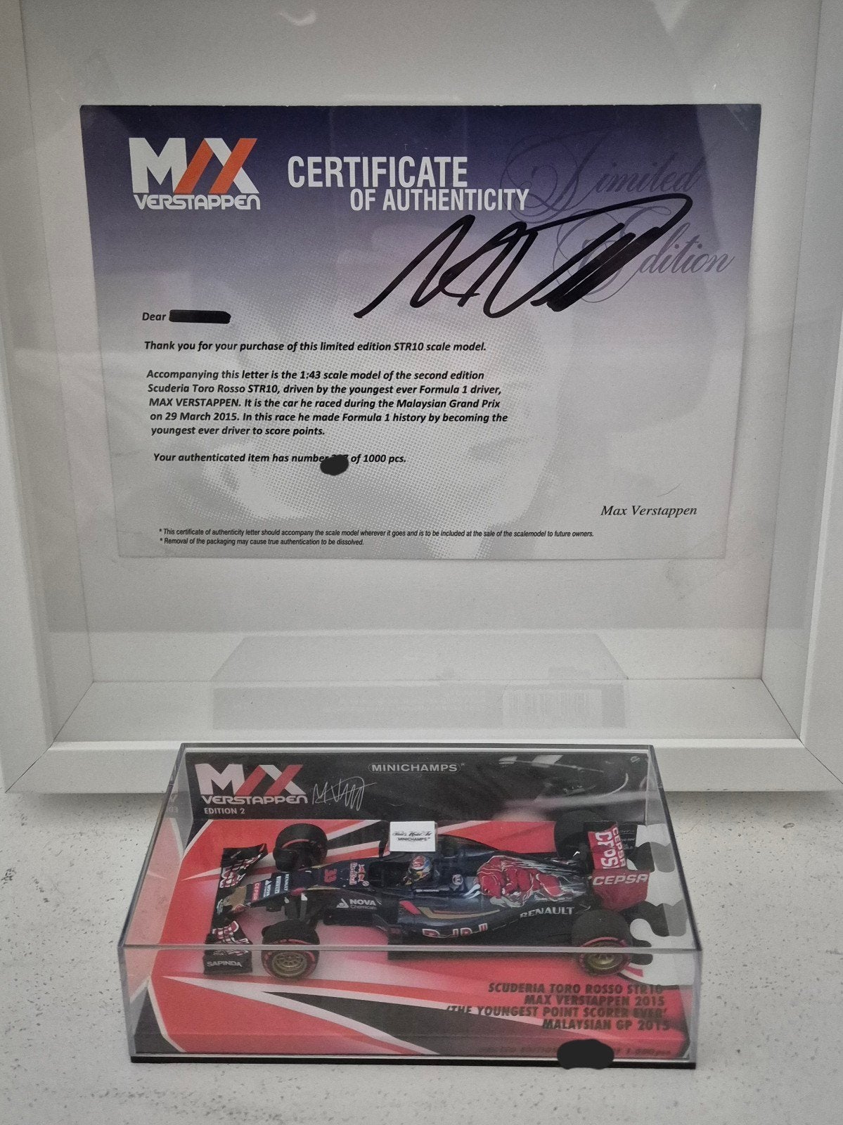 MAX VERSTAPPEN 1:43 TORO ROSSO STR10 MALEISIE 2015 EDITIE 2, Hobby en Vrije tijd, Ophalen, Nieuw, Auto, MiniChamps