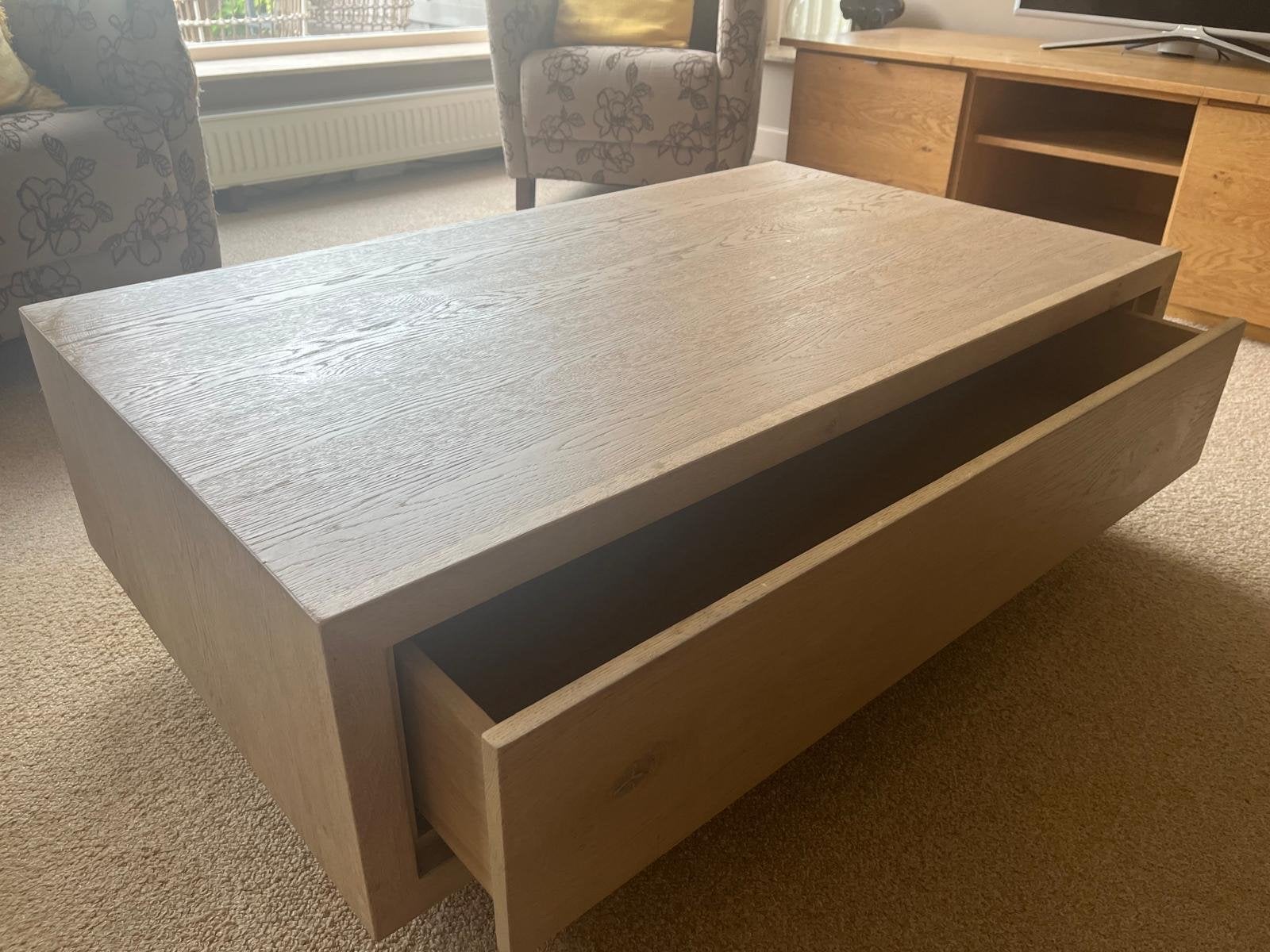 Strakke rechthoekige eiken-salontafel met lade 70x120x40 cm, 100 tot 150 cm, Zo goed als nieuw, Overige houtsoorten, 50 tot 100 cm