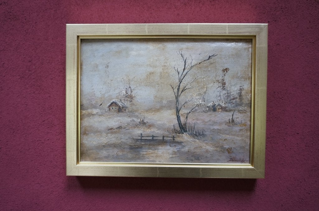 schilderij wintergezicht landschap sneeuw olieverf, Ophalen of Verzenden, Gesigneerd