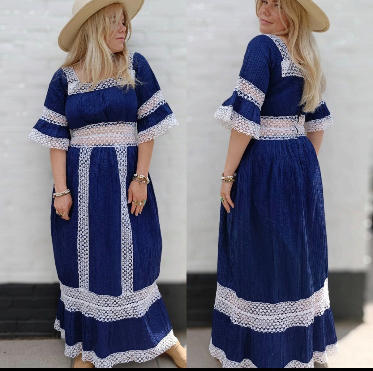 Vintage 70s Mexicaanse katoenen jurk, Kleding | Dames, Maat 38/40 (M), Blauw, Ophalen of Verzenden, Zo goed als nieuw