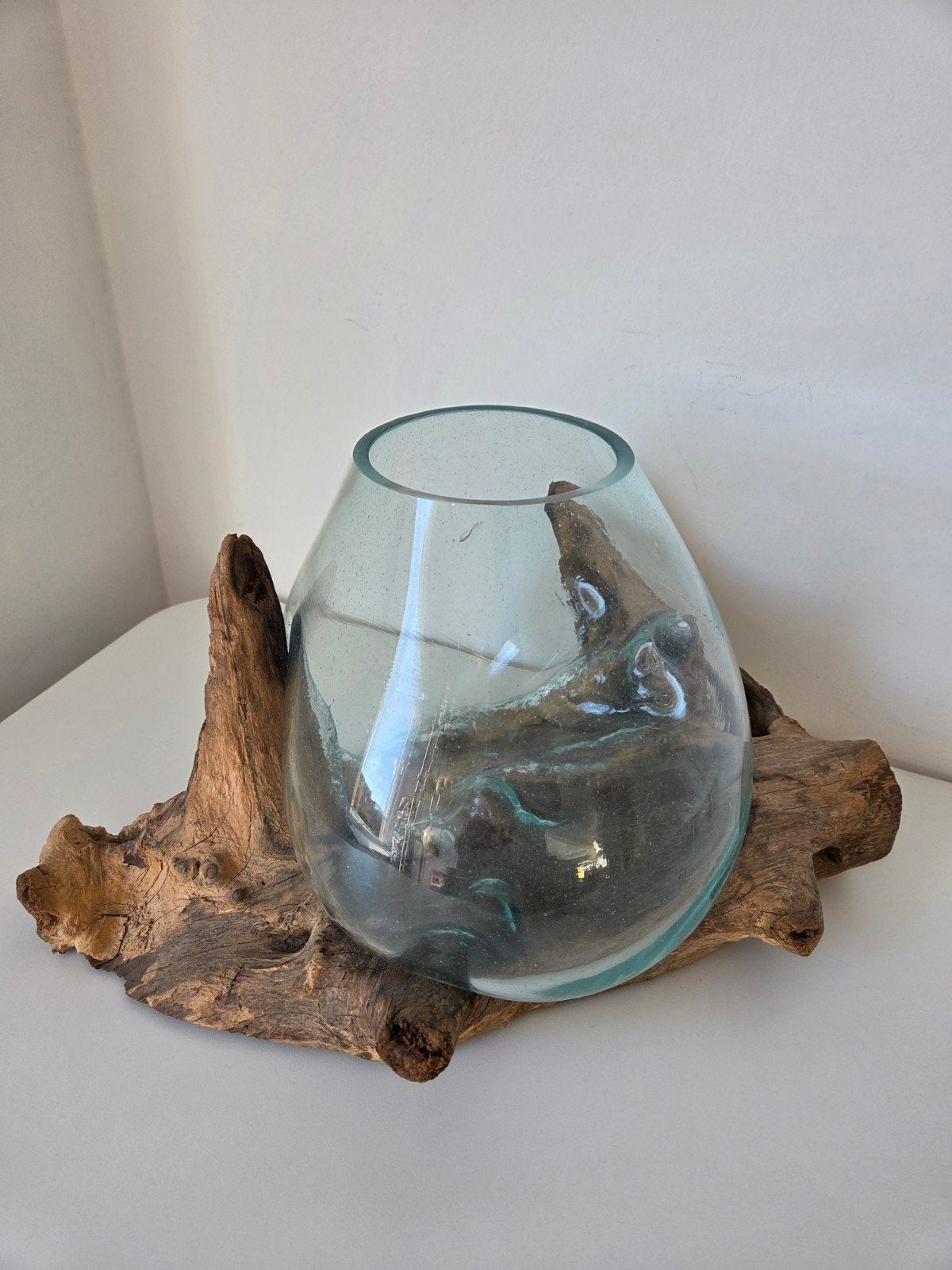 Vissenkom/vaas van gerecycled glas op drijfhout, Ophalen, Transparant, Handgemaakt, Glas
