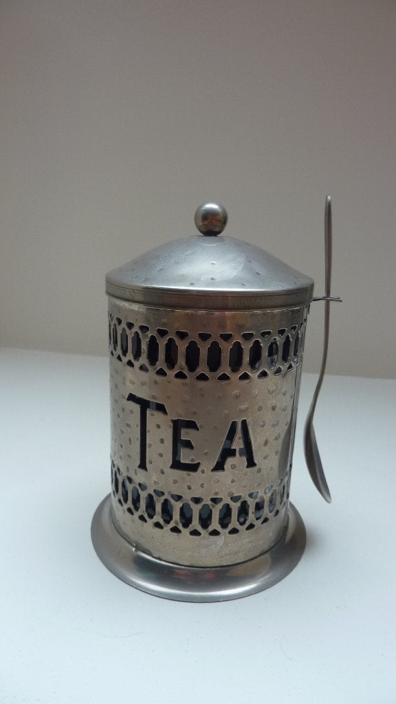Leuk vintage losse thee potje met lepel, Ophalen of Verzenden