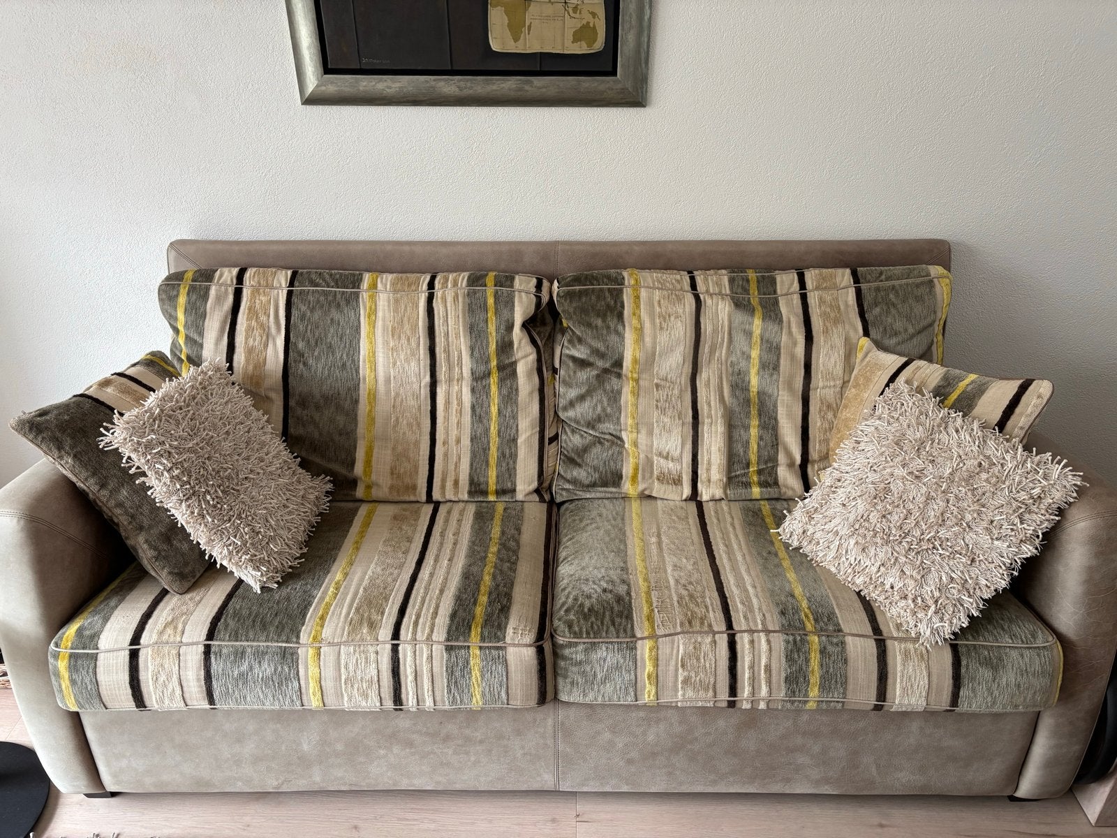 Comfortabele leren bank met fauteuils - gestreept design, Ophalen, Gebruikt, Driepersoons, 75 tot 100 cm