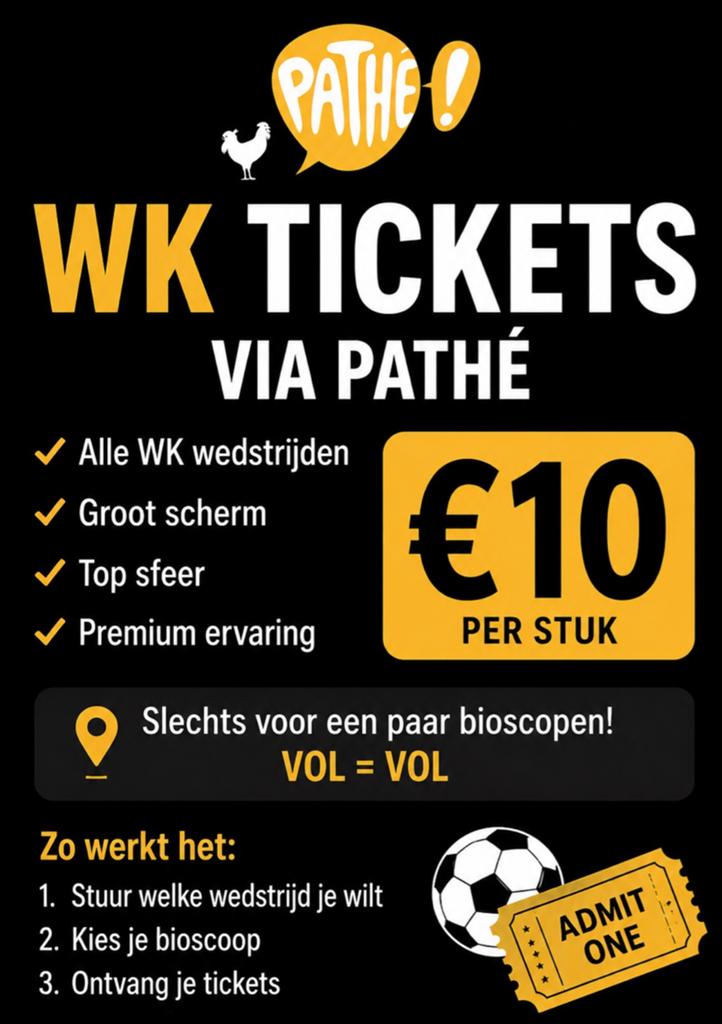 WK TICKETS VIA PATHÉ, Tickets en Kaartjes, Filmkaartjes, Drie personen of meer, Vrijkaartje alle films