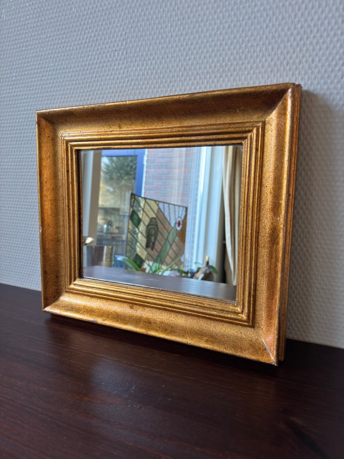 Goud Vergulde Spiegel met Dikke Houten Lijst, Rechthoek, Minder dan 50 cm, Gebruikt, Ophalen of Verzenden, Minder dan 100 cm