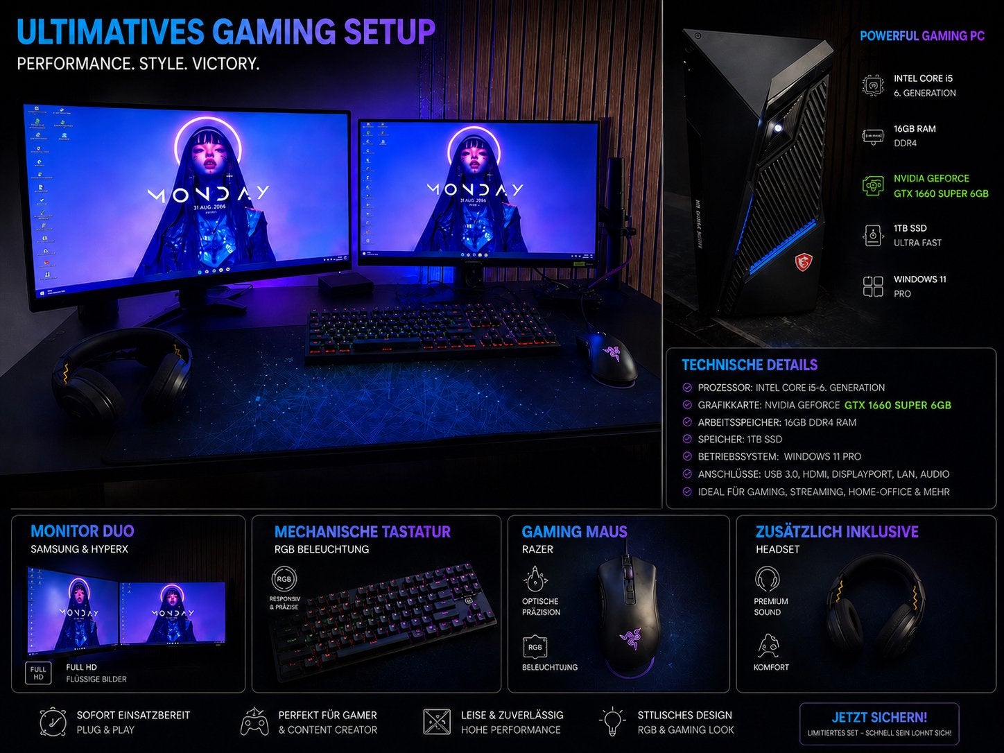 Complete Gaming Setup: MSI PC, 2 Monitoren, Razer Accessoire, Gebruikt, Ophalen of Verzenden, Gaming, SSD