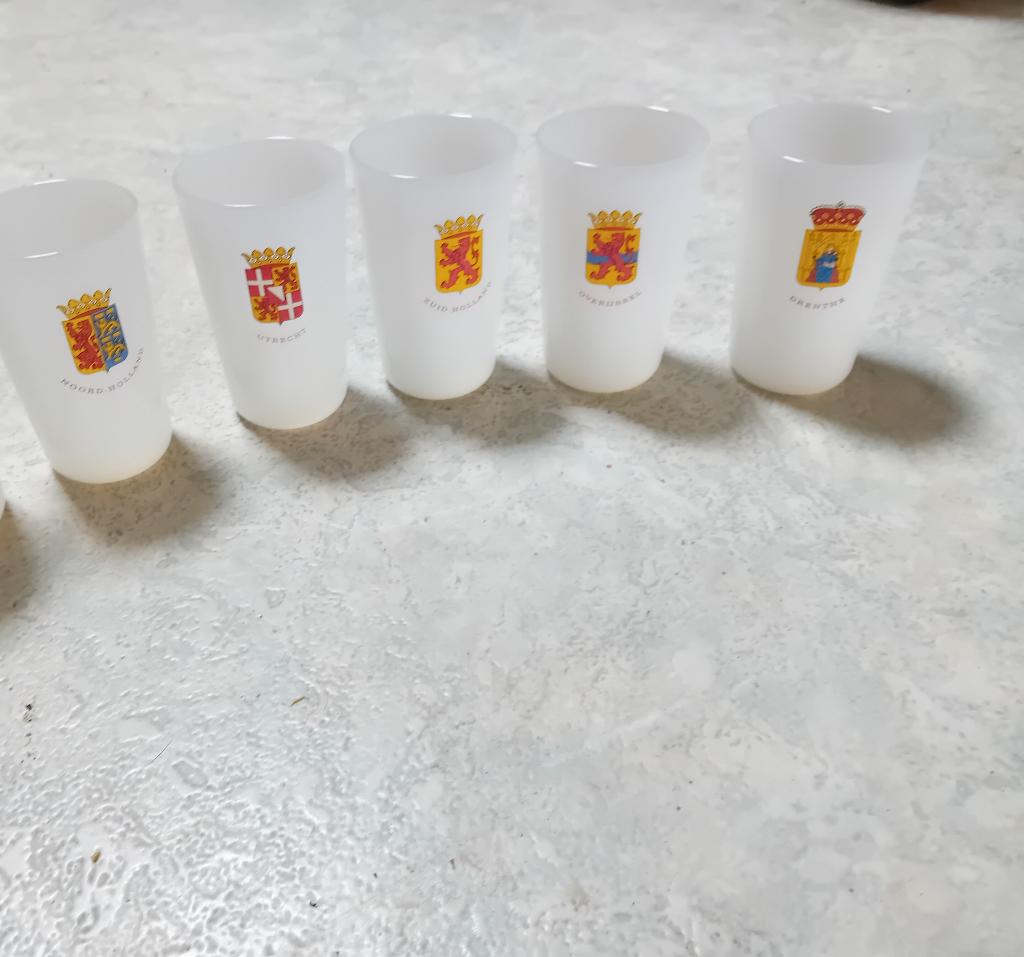 5 X melkglas beker met provincie wapen /beker/retro/glas, Glas of Glazen, Ophalen of Verzenden, Overige stijlen, Glas