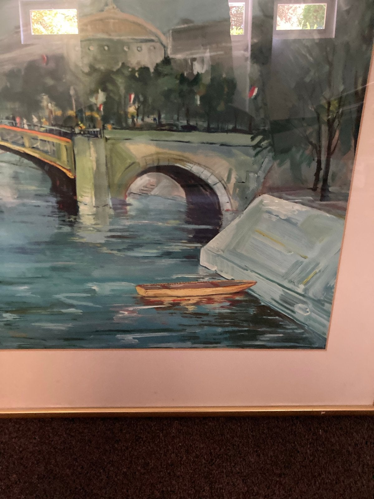 Schilderij Parijs aan de Seine in messing lijst, 100x80cm, Ophalen, Achter glas, Stadsgezicht