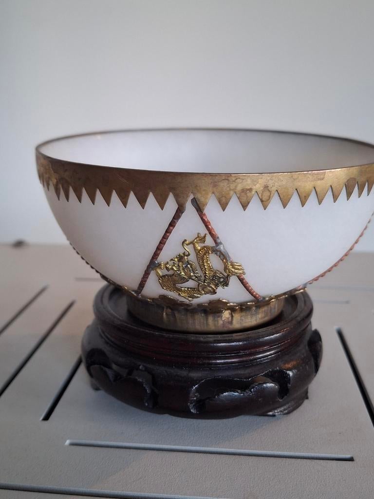 Chinese kom met messing draak en feniks, Ophalen of Verzenden