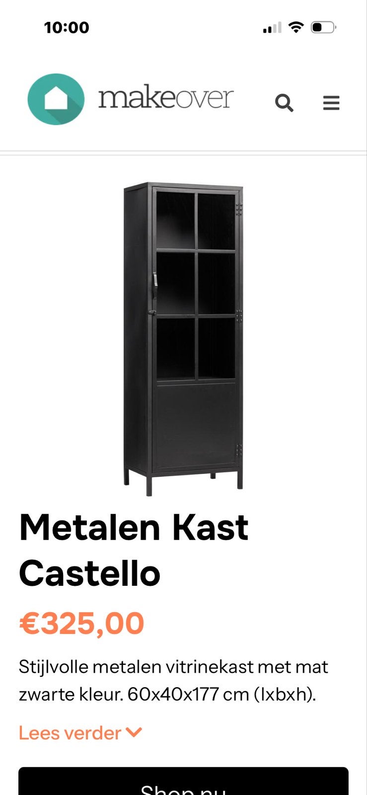 Metalen Vitrinekast Castello - Zwart, 60x40x177 cm, Huis en Inrichting, Kasten | Vitrinekasten, Ophalen, Nieuw, 50 tot 100 cm