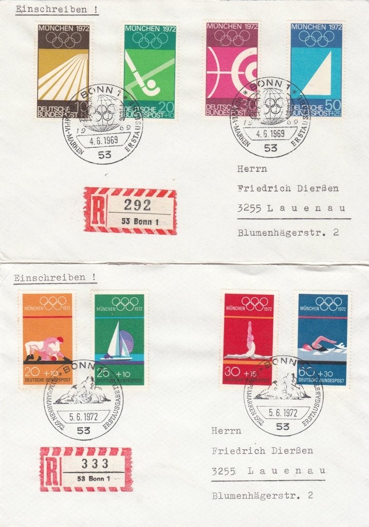 Olympische Spelen 2 aangetekende brieven met series BRD 1969, Ophalen of Verzenden, Brief