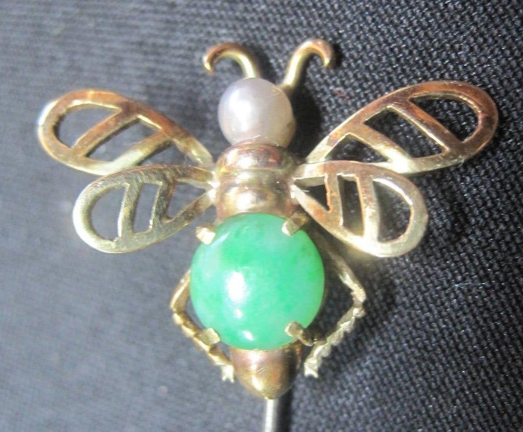Vlinder jade parel broche circa 1920 14 karaat goud, Ophalen, Goud, Broche, Met edelsteen