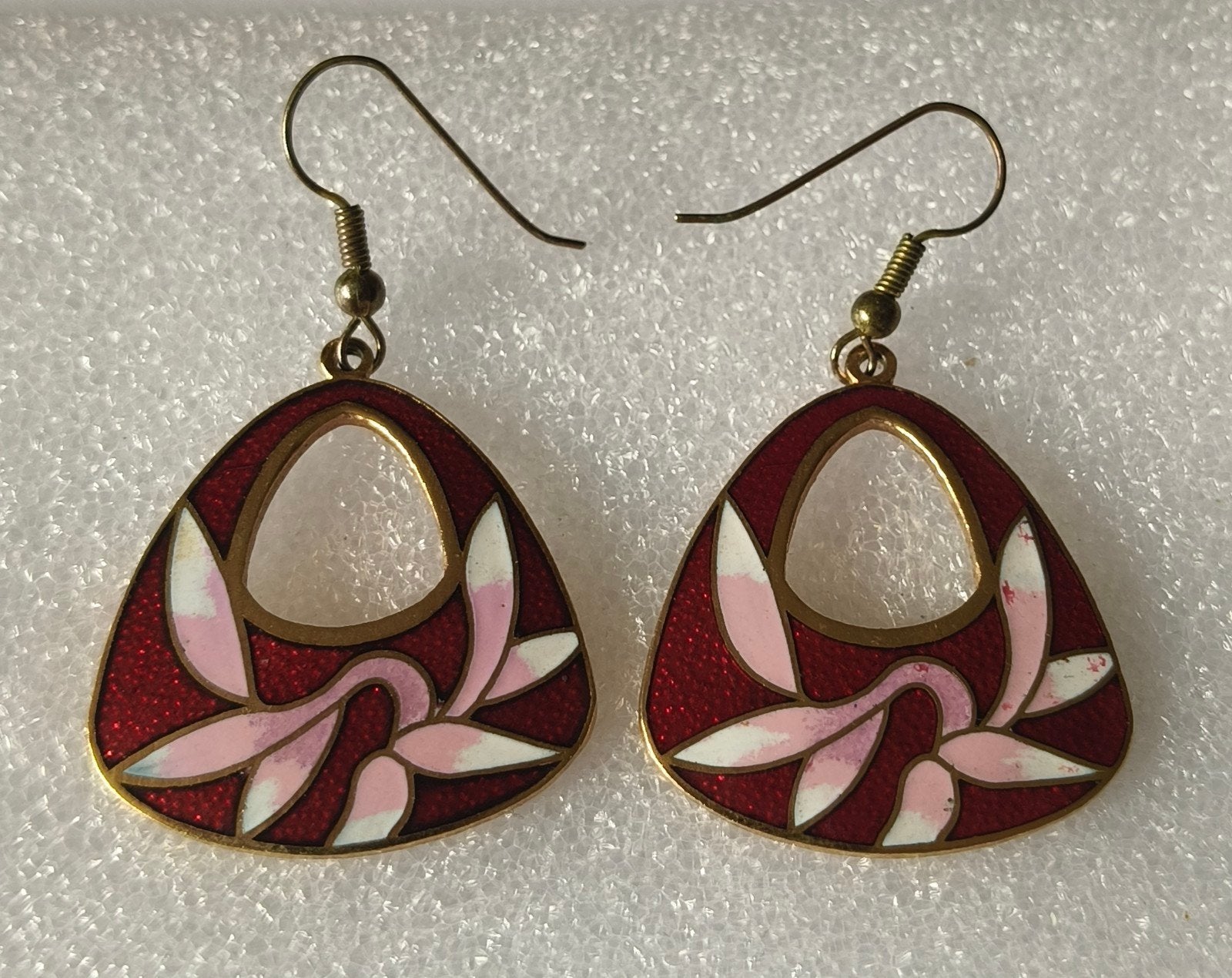 Vintage Cloisonné Oorbellen Bordeauxrood met Bloemen, Overige materialen, Hangers, Verzenden, Zo goed als nieuw