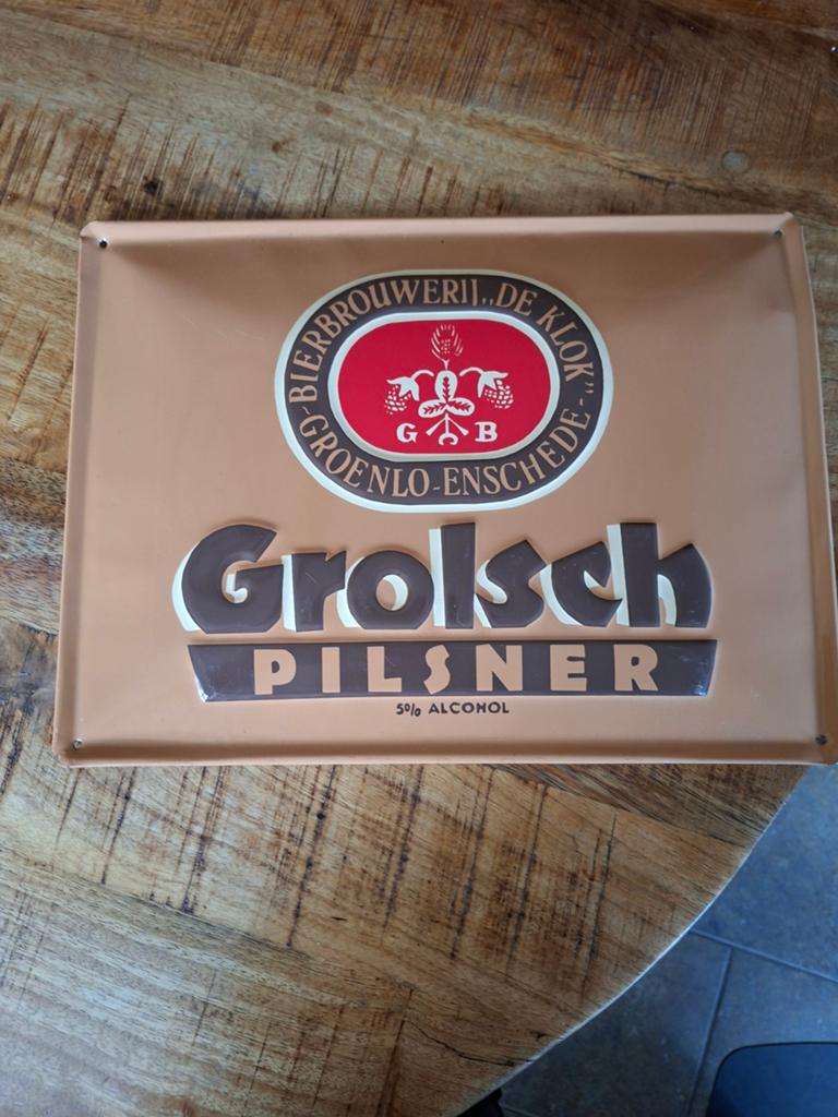 Vintage Grolsch Pilsner Reclamebord - Bierbrouwerij De Klok, Ophalen of Verzenden, Gebruikt, Reclamebord