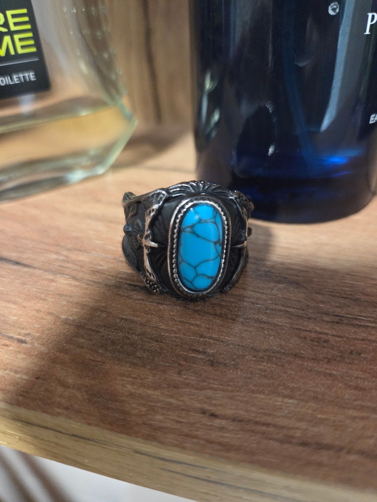 Heren ring met Turquoise steen - Maat 14 US, Sieraden, Tassen en Uiterlijk, Ringen, Overige materialen, Blauw, Heer, Ophalen of Verzenden