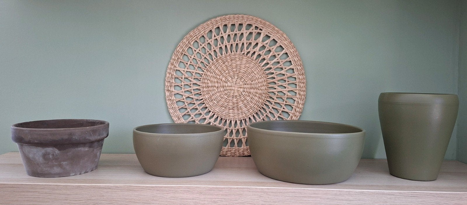 Set van 4 diverse bloempotten in groen en terracotta, Gebruikt, Rond, Minder dan 40 cm, Balkon