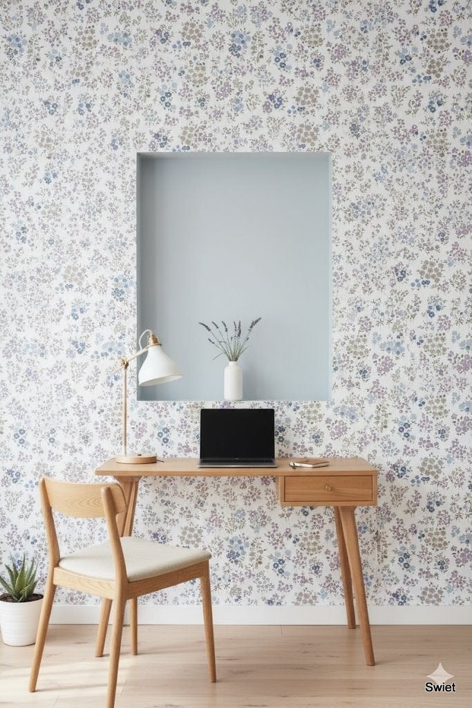 14107 romantisch bloemenbehang lila blauw vintage swiet, Ophalen of Verzenden, Wit