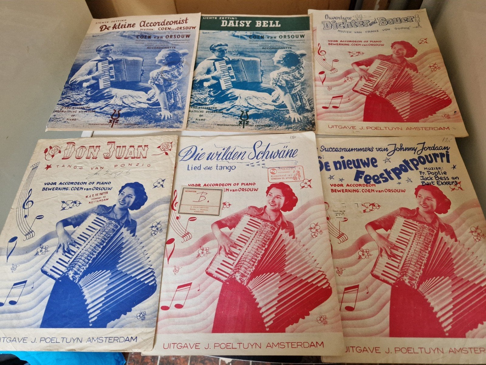 Vintage bladmuziek voor accordeon en piano (6 stuks), Gebruikt, Verzenden, Accordeon, Overige soorten