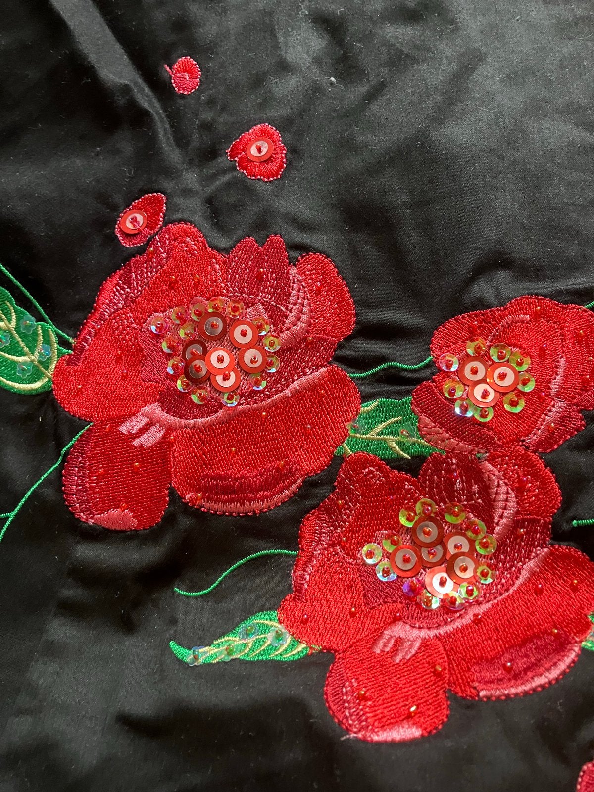 Zwarte strapless jurk met rode bloemen en pailletten, Zwart, Gedragen, Boven de knie, Ophalen