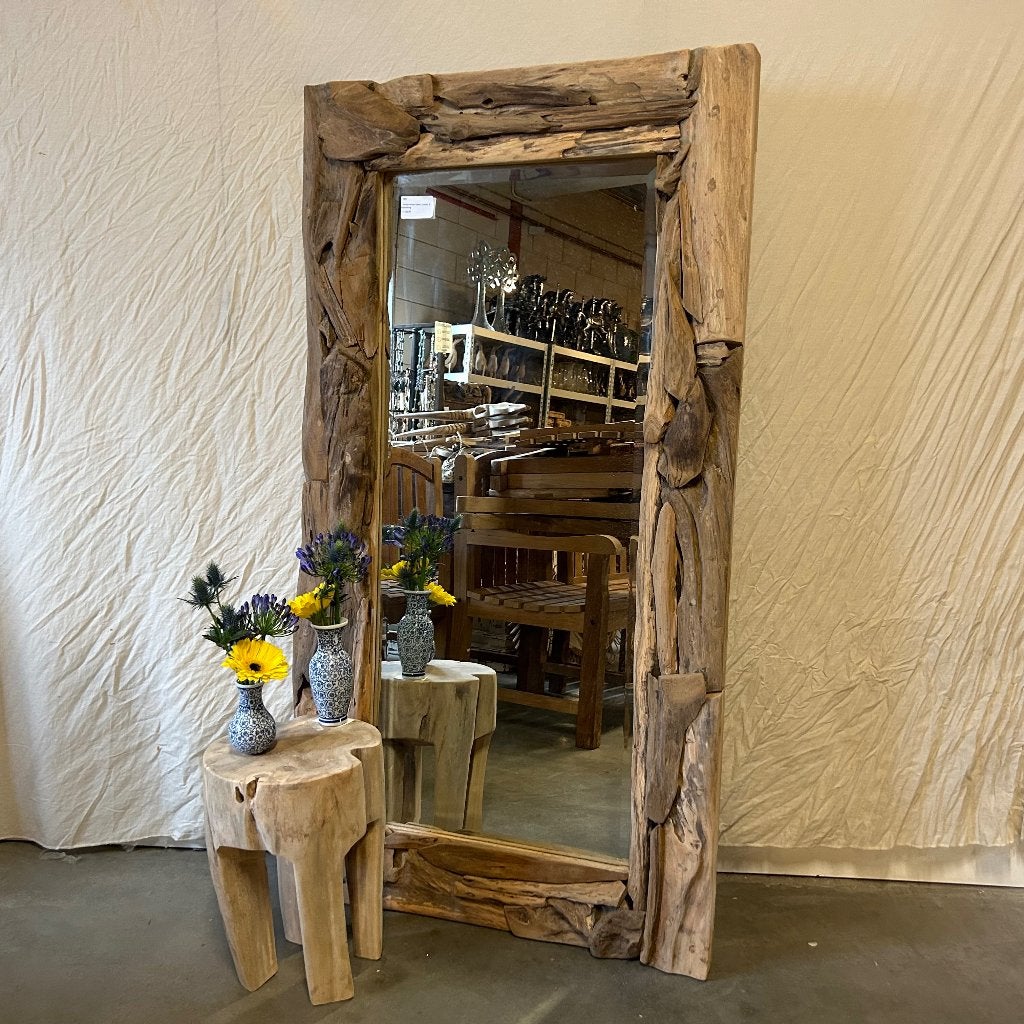 spiegel facet met teak lijst 150 x 80 cm - Gratis bezorgd