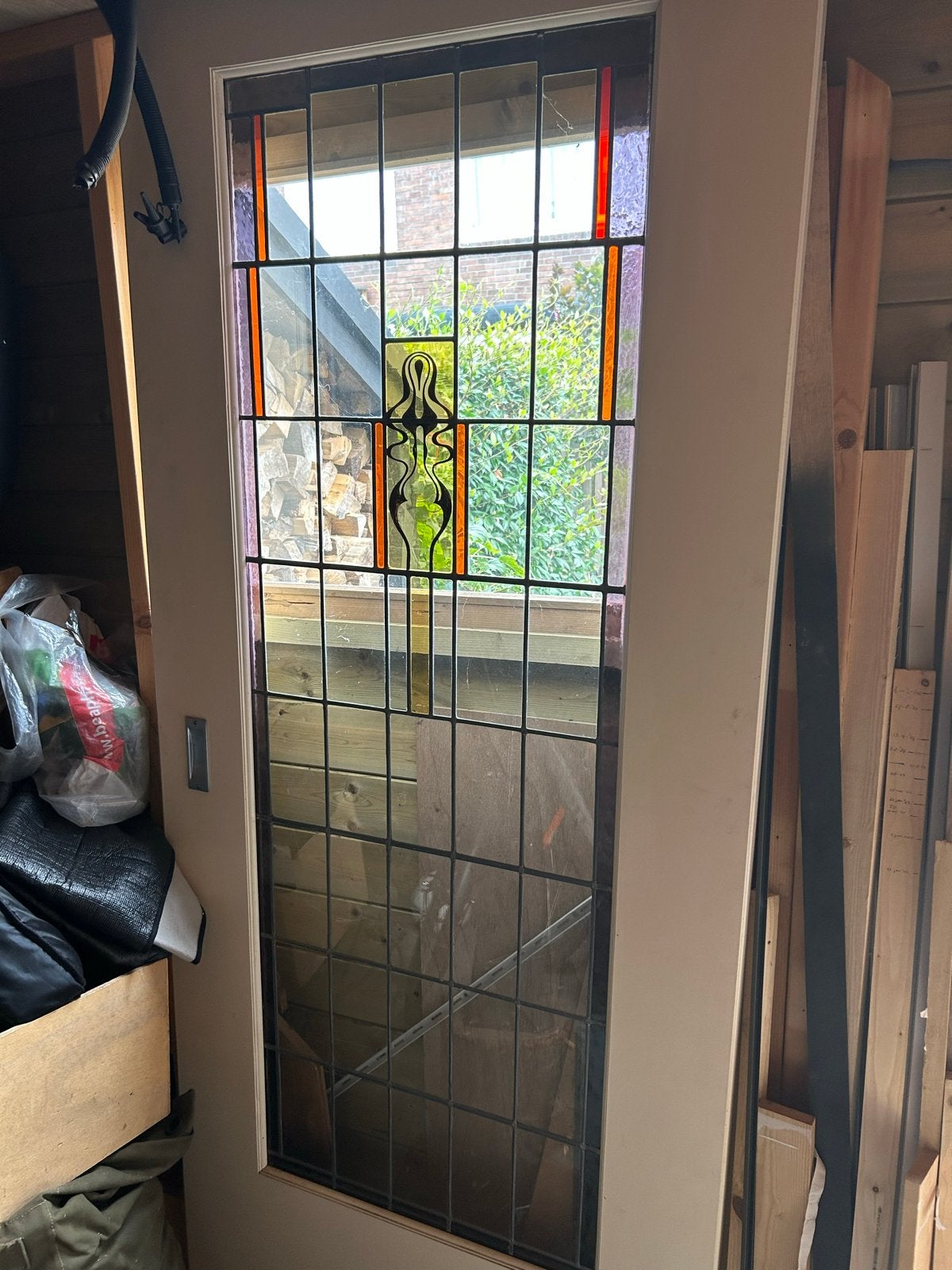 Jaren '30 schuifdeur met origineel glas-in-lood, Ophalen, Gebruikt, 80 tot 100 cm, 215 cm of meer