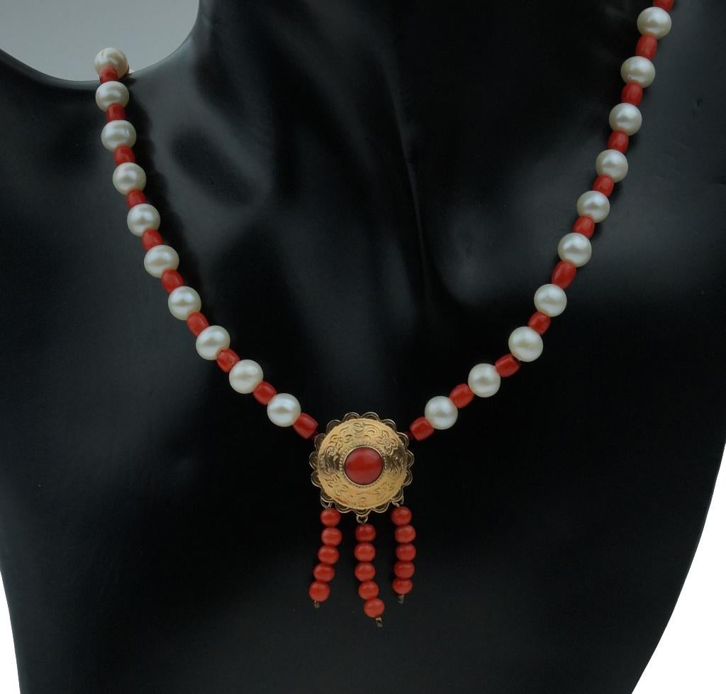 Bloedkoraal met parel ketting 14k slot goud en hanger retro, Verzenden, Goud, Ketting, Met edelsteen