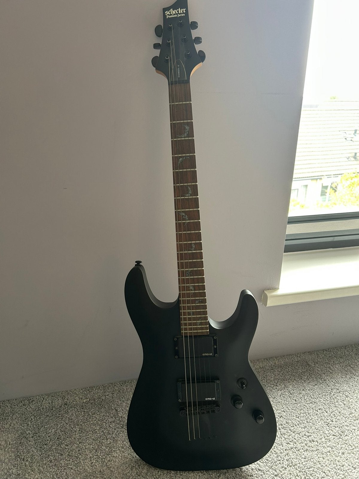 Schecter Diamond Series Damien-6 – 2010 – EMG-HZ-Satin Black, Ophalen, Gebruikt, Solid body, Overige merken