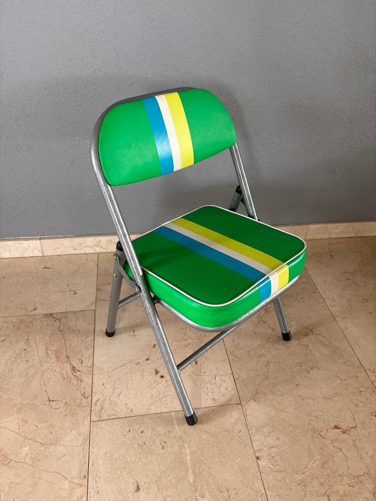 Vintage opvouwbare kinderstoel - Groen met strepen, Ophalen, Gebruikt, Metaal, Eén
