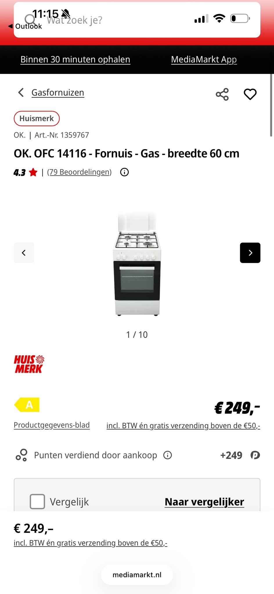 OK. OFC 14116 Gasfornuis met oven - 60 cm breed, Ophalen, 60 cm of meer, 4 kookzones, Zo goed als nieuw