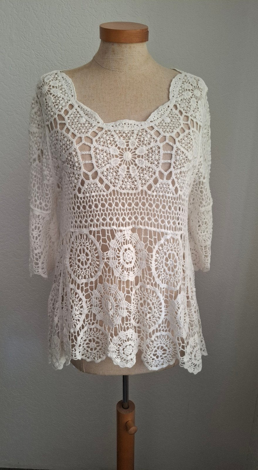 Witte Gehaakte Top met 3/4 Mouwen - Maat M, Maat 38/40 (M), Wit, Ophalen of Verzenden, Lange mouw