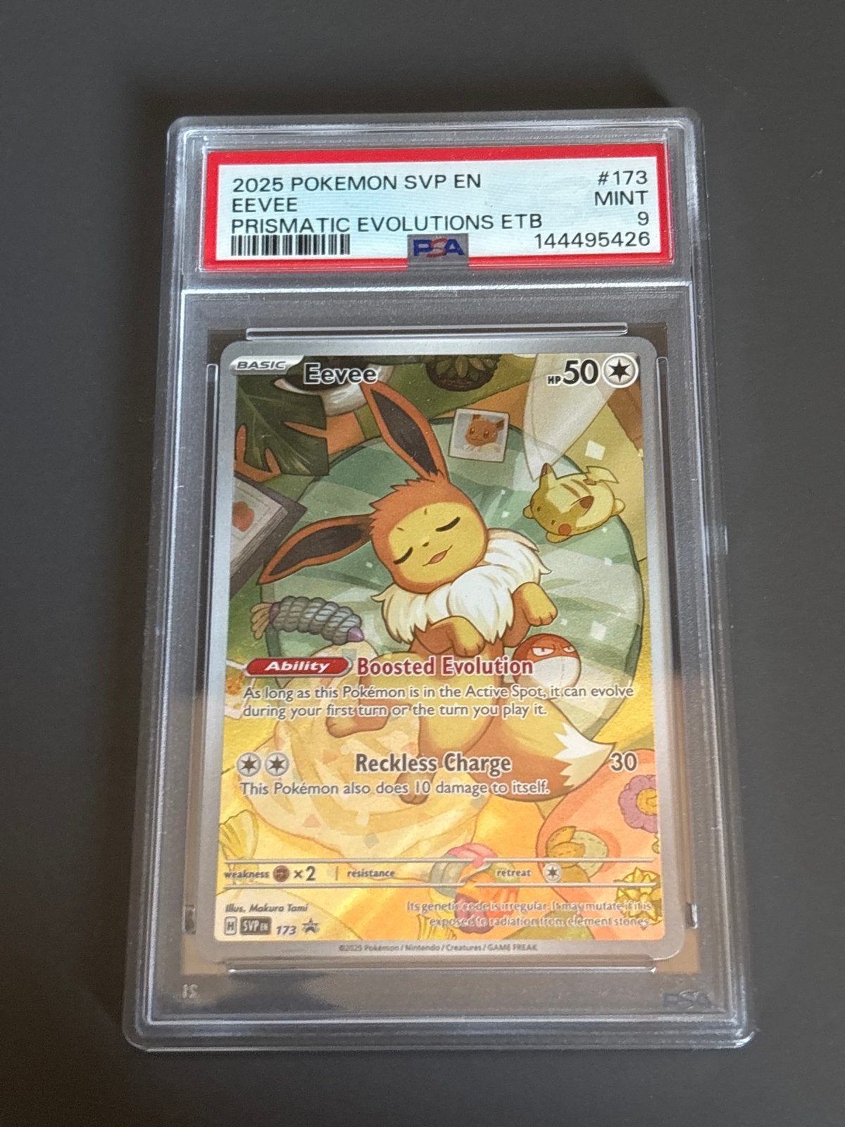 PSA 9 MINT Eevee Prismatic Evolutions ETB #173 Pokémon Kaart, Ophalen of Verzenden, Zo goed als nieuw, Losse kaart, Foil