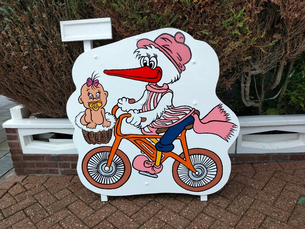Geboortebord uniek, sportieve ooievaar met baby, goedkoopste, Ophalen, Nieuw, Geboortebord