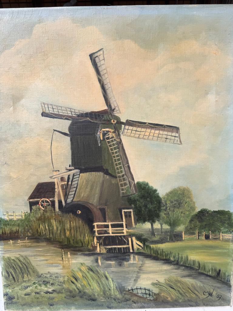 Olieverf Schilderij van een Molen aan het Water, Ophalen of Verzenden