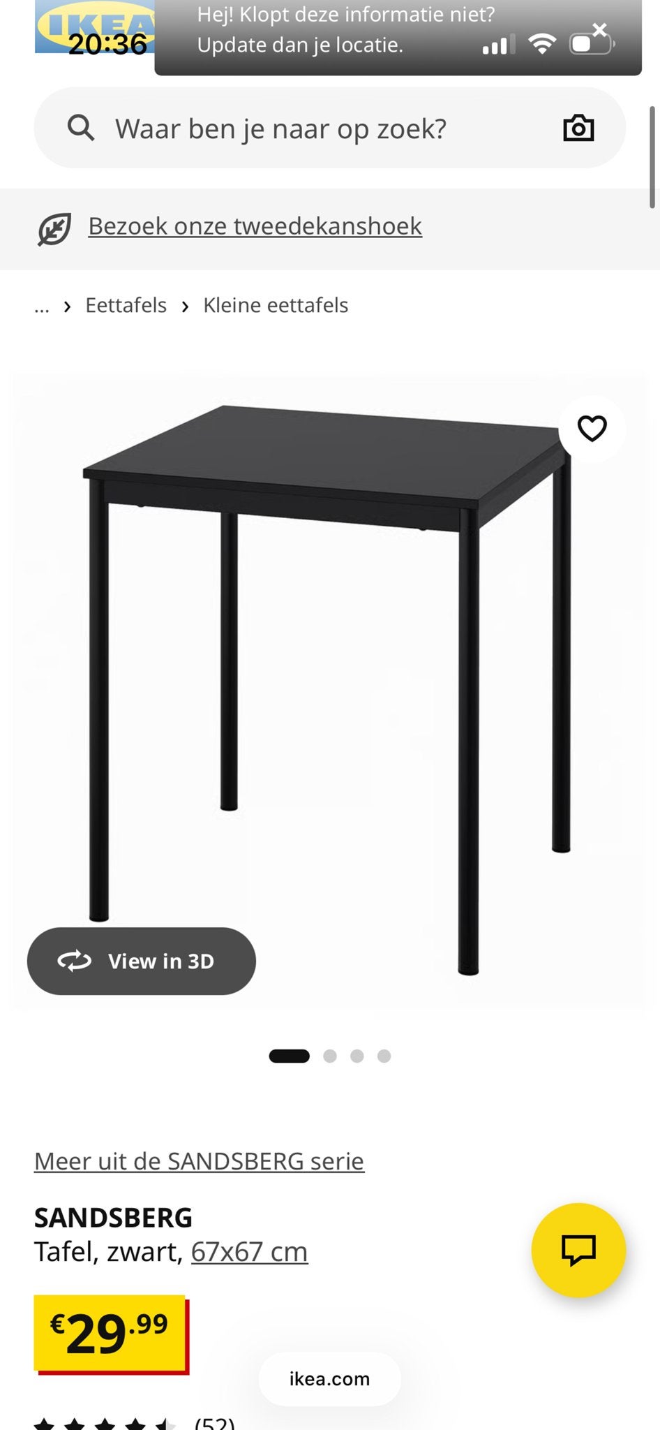 IKEA SANDSBERG Eettafel, zwart, 67x67 cm, Ophalen, Gebruikt, 100 tot 150 cm, Vierkant