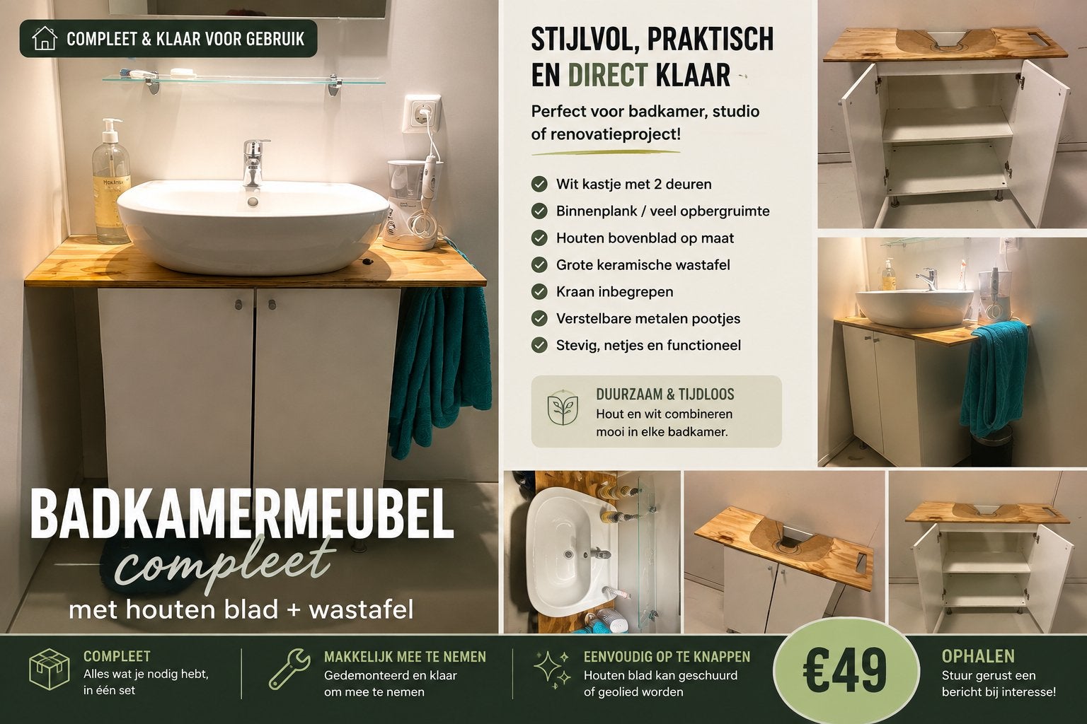 Badkamermeubel met houten blad  - compleet, Ophalen, Gebruikt, 50 tot 100 cm, Wastafelkast