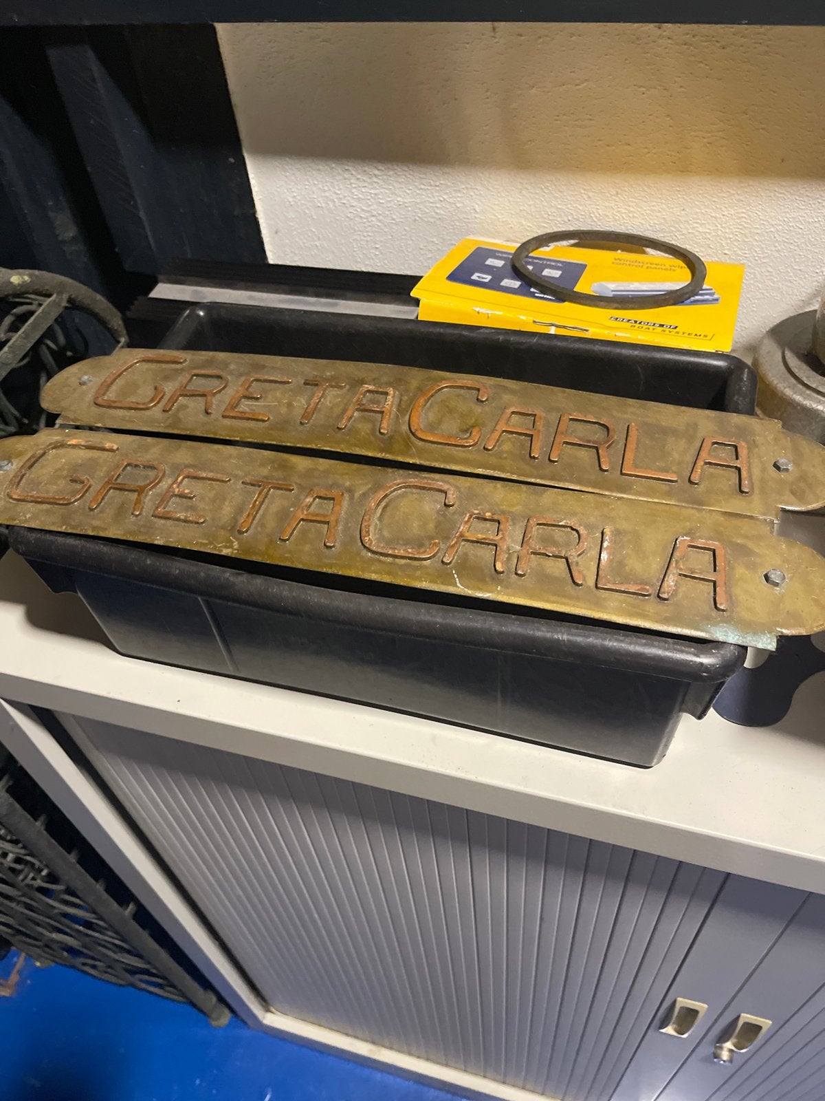 Koperen platen 'Greta Carla' voor boot, Ophalen of Verzenden, Gebruikt, Overige typen