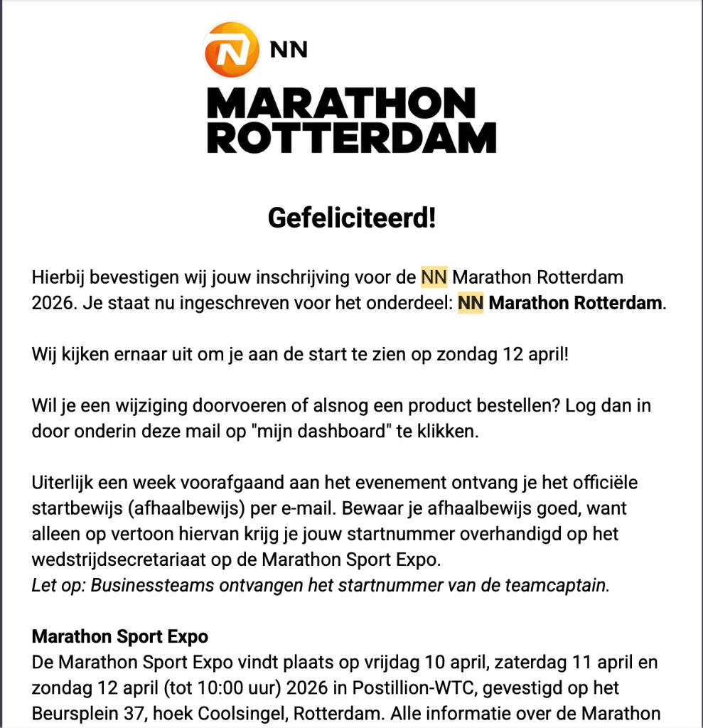 Startbewijs NN marathon Rotterdam, Ophalen of Verzenden, Nieuw