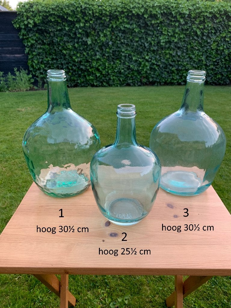 gistfles, flesvaas, buikfles, vazen, vaas, blauw-groen glas, Ophalen, Gebruikt, Groen, Glas
