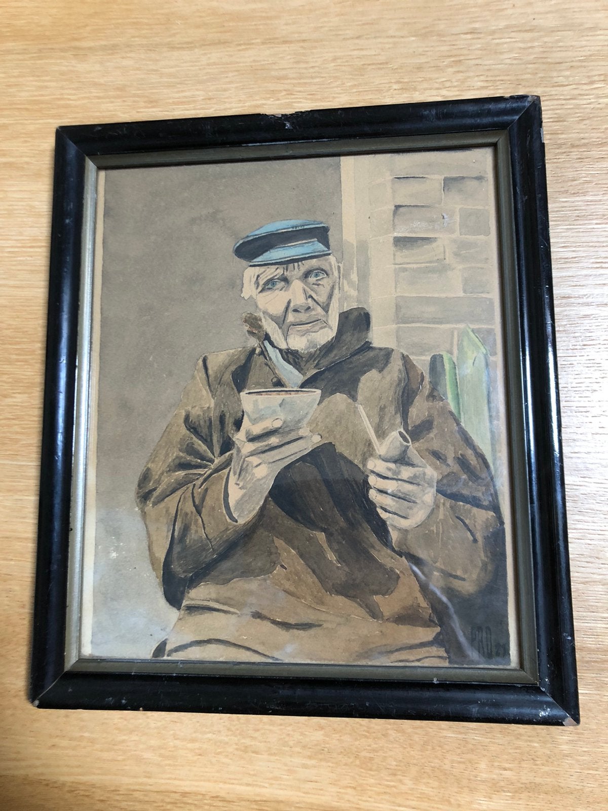 Antieke tekening van een man  met kom 1923, Antiek en Kunst, Ophalen of Verzenden