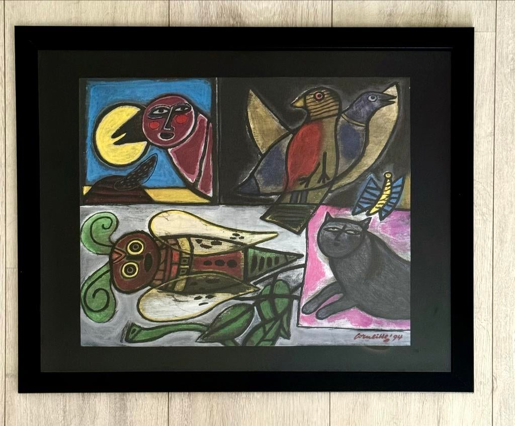 Groot ingelijst werk Guillaume Corneille (1994) – CoBrA, Antiek en Kunst, Ophalen of Verzenden