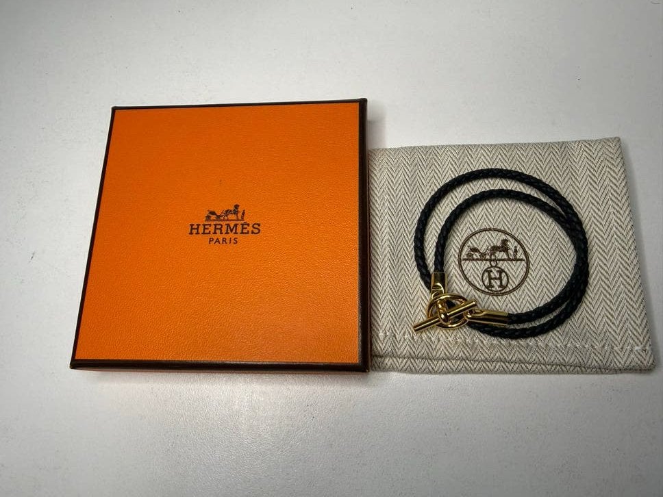 Hermes Glenan Double Tour Armband Zwart Leer Goudkleurig XS, Ophalen of Verzenden, Zo goed als nieuw, Zwart, Leer