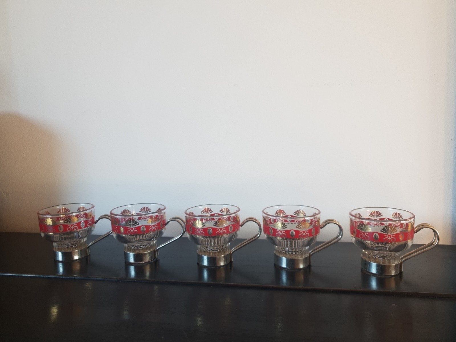 5 glazen vintage espresso kopjes met decoratie, Eén persoon, Hard Rock of Metal