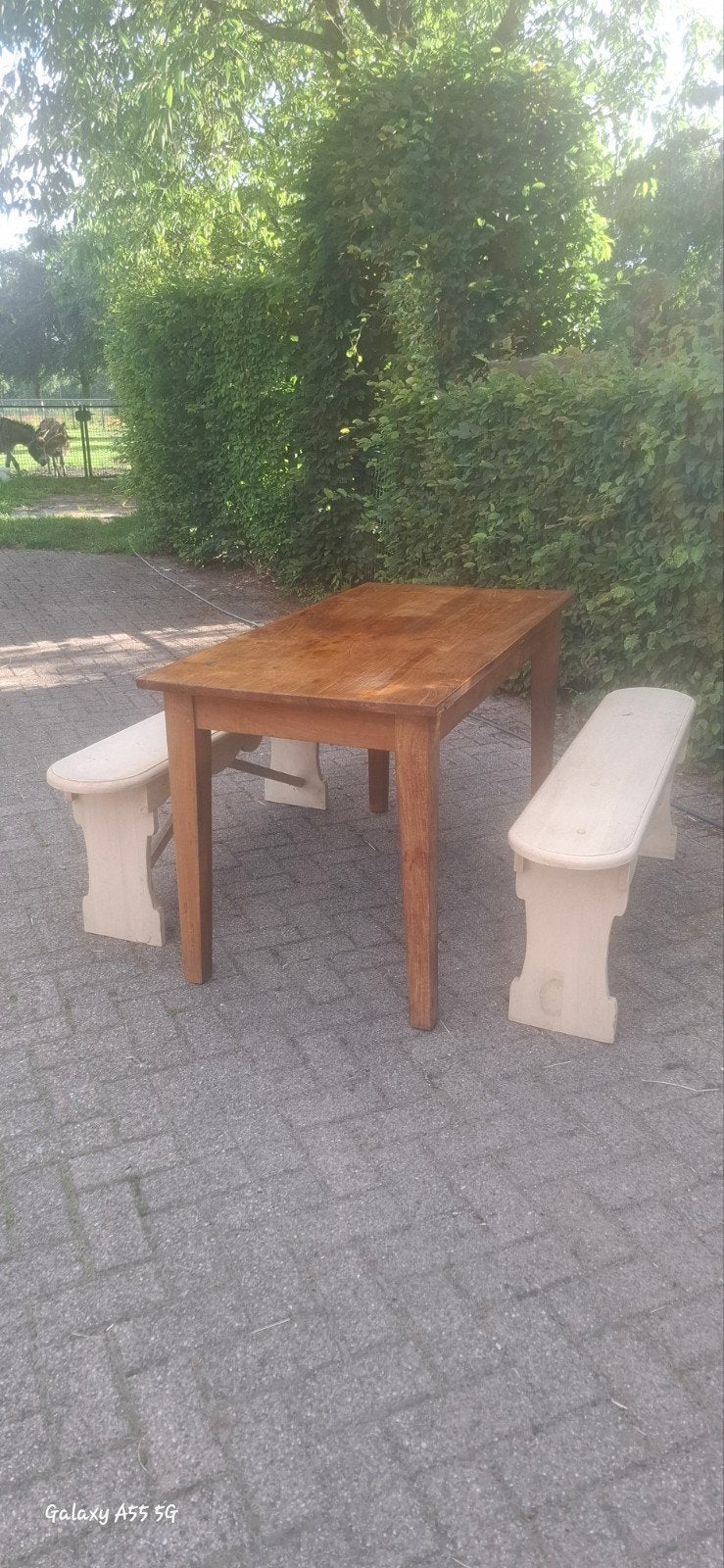 Teakhouten tafel met 2 bankjes - 140x70x78 cm, Ophalen, Gebruikt, 100 tot 150 cm, Teakhout