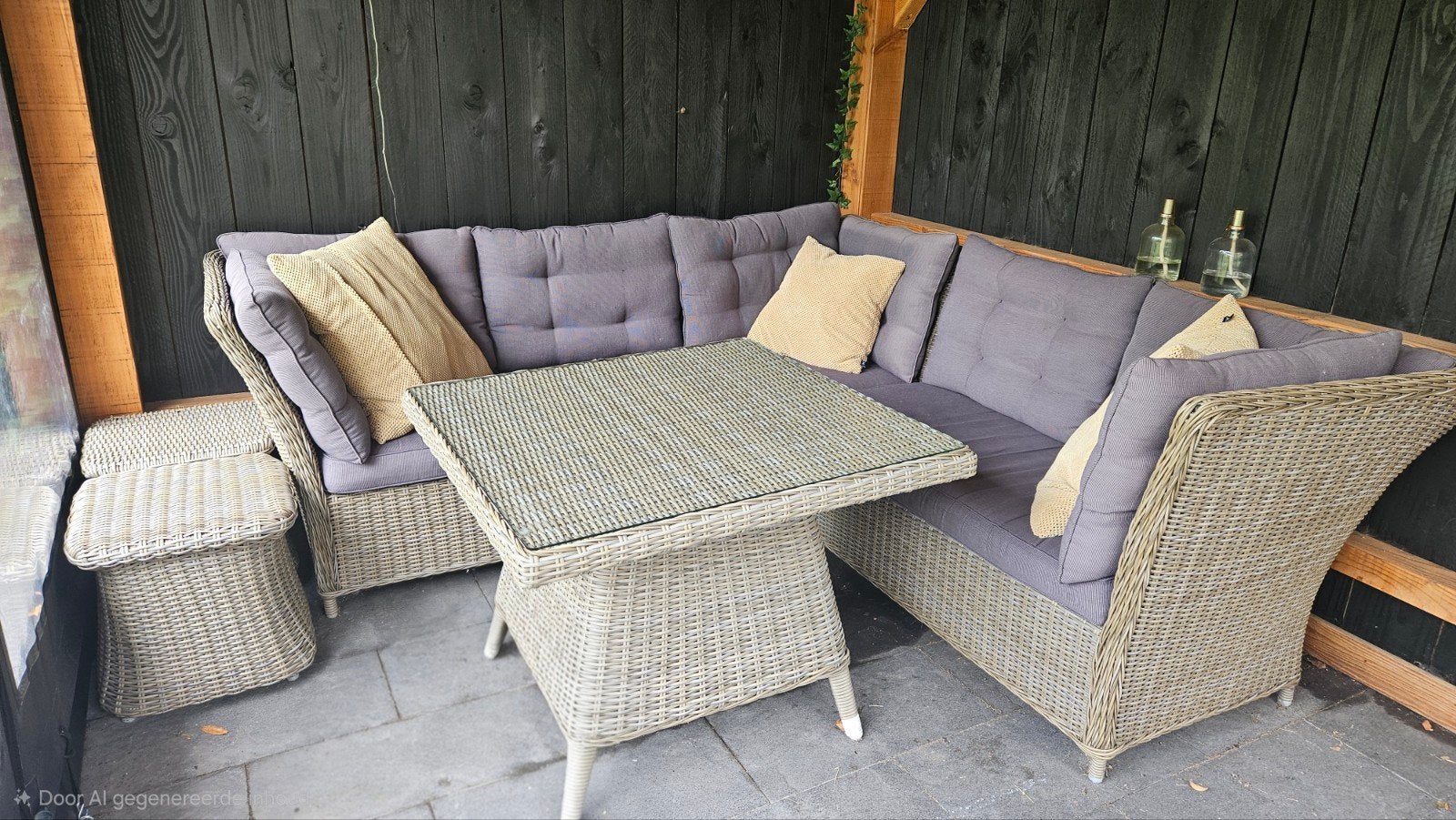Wicker loungeset Gerlos met tafel en 2 hockers, Tuin en Terras, Tuinsets en Loungesets, Ophalen, 5 zitplaatsen, Kunststof, Gebruikt